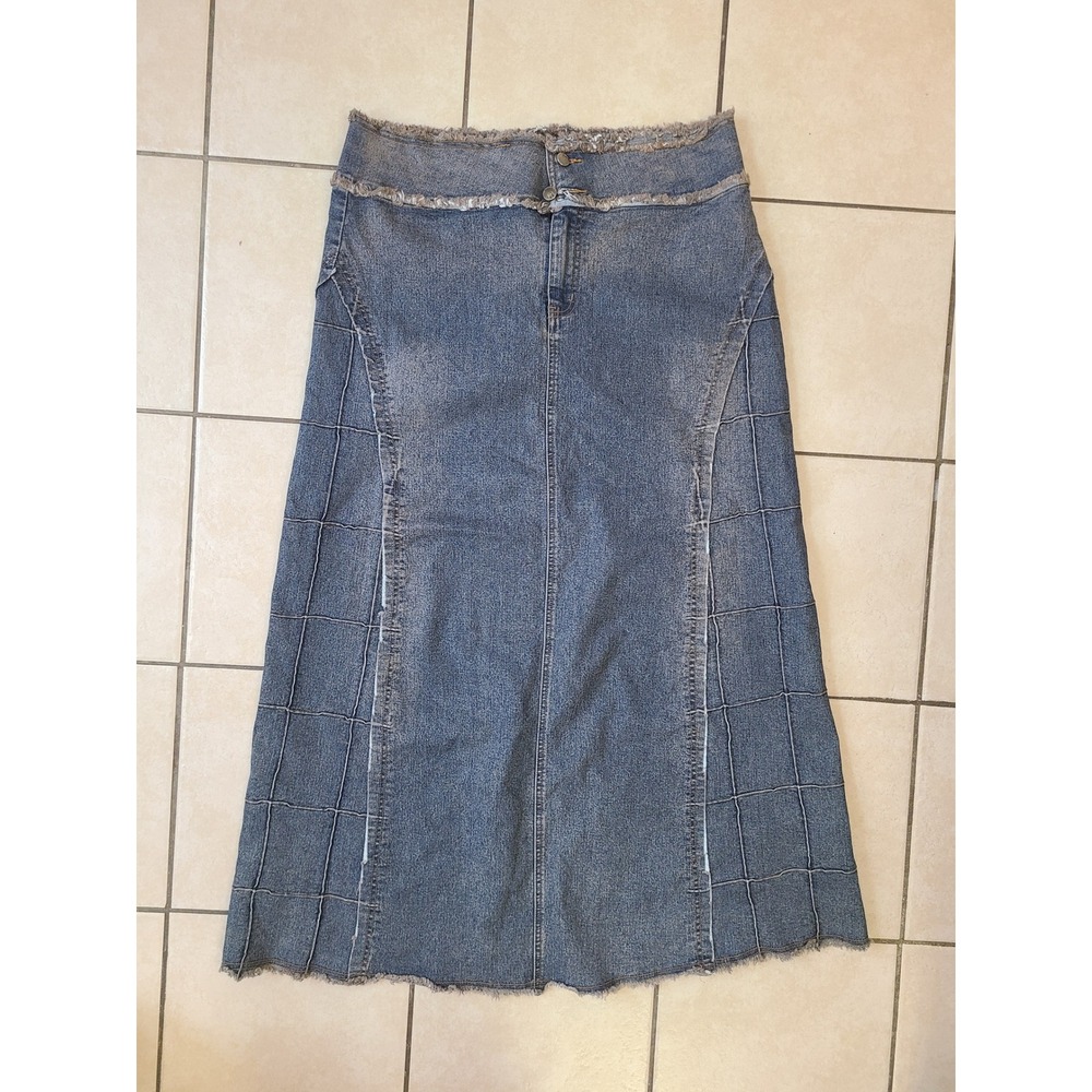 Langqi Jeans Wear Maxi Skirt Women 34 Blue  Frayed Grid Denim Long